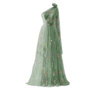 YIANN Flower Embroidery Tulle Prom Dresses for Teens Plus Size One Shoulder Formal Evening Dress Sage Green UK26