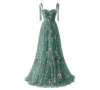 YIANN Flower Embroidery Tulle Prom Dresses Long Ball Gown for Teens Spaghetti Strap A Line Formal Party Gowns UK14