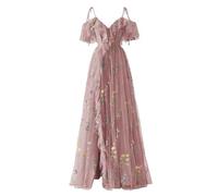 YIANN Flower Embroidery Tulle Prom Dresses Plus Size Summer Cold Shoulder Formal Evening Gowns Dusty Rose UK24