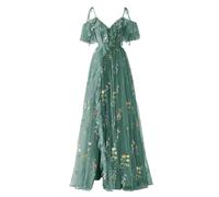 YIANN Flower Embroidery Tulle Prom Dresses Spaghetti Straps Summer Cold Shoulder Formal Evening Gowns Peacock UK10