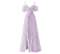 YIANN Flower Embroidery Tulle Prom Dresses Spaghetti Straps Summer Cold Shoulder Formal Evening Gowns Lilac UK10