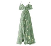 YIANN Flower Embroidery Tulle Prom Dresses Spaghetti Straps Summer Cold Shoulder Formal Evening Gowns Sage Green UK10