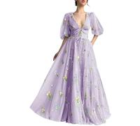 YIANN Flowers Embroidery Tulle Prom Dress Puffy Sleeves A Line Long Homecoming Dress for Juniors for Women Lavender UK22