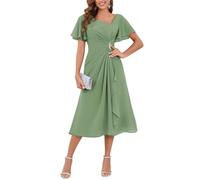 YIANN Flutter Sleeve Chiffon Mother of The Bride Dresses for Wedding Plus Size Sage Green Tea Length Formal Evening Dress UK18