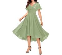 YIANN Flutter Sleeve V Neck Mother of The Groom Dresses for Women Pleated Tea Length Mother of Bride Dress Sage Green UK12
