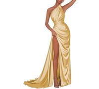 YIANN Gold Bridesmaid Dresses for Wedding One Shoulder Satin Prom Dress with Slit Formal Ball Gown UK22