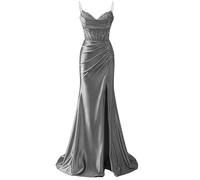 YIANN Grey Prom Dresses with Slit for Teens Lace Applique Satin Celebrity Pageant Dress Corset Long Formal Gown UK10
