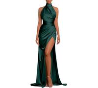 YIANN Halter Mermaid Bridesmaid Dresses with Wrap Slit Satin Prom Dress Teal Maid of Honor Formal Evening Gown UK12