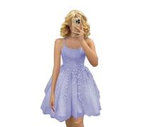 YIANN Homecoming Dress Glitter A-line Appliques Tulle Short Spaghetti Straps Graduation Prom Gown for Juniors Lavender UK8