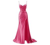 YIANN Hot Pink Satin Mermaid Prom Dresses for Women Long Ball Gown Spaghetti Strap Evening Gown with Slit UK16