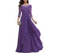 YIANN Lace Applique Chiffon Mother of The Bride Dresses for Wedding Plus Size Purple Formal Dress with Sleeves UK26