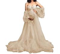 YIANN Lace Applique Tulle Maternity Dresses for Photoshoot Off Shoulder Long Sleeve Champagne Pregnancy Gown for Baby Shower UK4