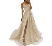 YIANN Lace Applique Tulle Prom Dresses Champagne for Women with Slit A Line Ball Gown Sparkly Formal Evening Dress UK8