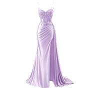 YIANN Lavender Corset Prom Dresses Long Ball Gown Satin Ruched Formal Evening Party Gown with Lace Applique UK8