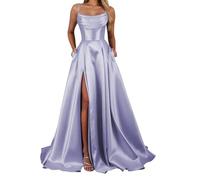 YIANN Lavender Prom Dresses for Women Spaghetti Strap Satin Formal Wedding Guest Dress Long Ball Gown UK10