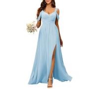 YIANN Light Blue Bridesmaid Dresses for Wedding Pleated A Line Chiffon Cold Shoulder Long Maid of Honor Formal Gown UK10