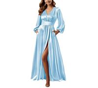 YIANN Light Blue Bridesmaid Dresses with Sleeves Pleated Long Satin Prom Dress with Slit for Women Plus Size UK18