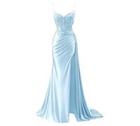 YIANN Light Blue Corset Prom Dresses Long Ball Gown Satin Ruched Formal Evening Party Gown with Lace Applique UK8