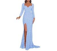 YIANN Light Blue Long Sleeve Prom Dresses with Slit for Women 2025 Sparkly Sequin Mermaid Formal Evening Dress UK8