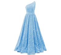 YIANN Light Blue One Shoulder Prom Dresses for Women 2025 Sparkly Sequin Formal Party Gown A Line Ball Gown UK6
