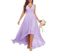 YIANN Lilac Bridesmaid Dresses High Low Chiffon Maid of Honor Pleated Long Mother of The Bride Dress for Wedding UK14