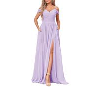 YIANN Lilac Off The Shoulder Long Bridesmaid Dresses for Women Simple V-Neck Formal Dress with Pockets UK14