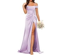 YIANN Lilac Prom Dresses for Women with Slit Cold Shoulder Satin Bridesmaid Dress Formal Party Gown UK16