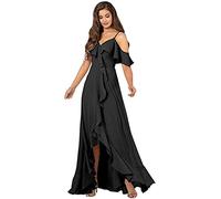 YIANN Long V Neck Ruffle Chiffon Bridesmaid Dresses with Slit A Line Formal Dresses with Pockets for Wedding Guest Black UK8