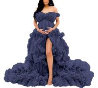 YIANN Maternity Photography Dresses Pregnancy Gown for Baby Shower Photo Shoot Tulle Robe Ruffles Bridal Lingerie UK8 Navy Blue