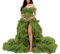 YIANN Maternity Photography Dresses Pregnancy Gown for Baby Shower Photo Shoot Tulle Robe Ruffles Bridal Lingerie UK8 Olive Green