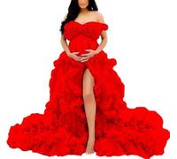 YIANN Maternity Photography Dresses Pregnancy Gown for Baby Shower Photo Shoot Tulle Robe Ruffles Bridal Lingerie UK8 Red