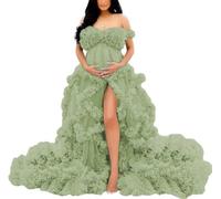 YIANN Maternity Photography Dresses Pregnancy Gown for Baby Shower Photo Shoot Tulle Robe Ruffles Bridal Lingerie UK8 Sage Green