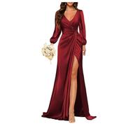 YIANN Mermaid Bridesmaid Dresses Burgundy for Women Pleated Formal Dresses for Wedding Long Sleeve Evening Party Gowns UK16