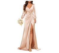 YIANN Mermaid Bridesmaid Dresses Champagne for Women Pleated Formal Dresses for Wedding Long Sleeve Evening Party Gowns UK16