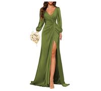YIANN Mermaid Bridesmaid Dresses Plus Size for Women Long Satin Olive Green Formal Party Gowns with Sleeves UK10