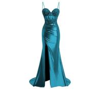 YIANN Mermaid Prom Dresses Teal for Women with Slit Spaghetti Strap Satin Ball Gown Long Formal Dress UK14