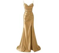 YIANN Mermaid Satin Prom Dresses for Women with Slit Gold Lace Applique Formal Dress Long Ball Gown UK12