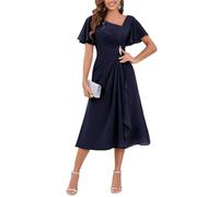 YIANN Navy Blue Mother of The Groom Dresses with Flutter Sleeve Chiffon Tea Length Wedding Guest Dress for Women UK24