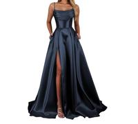 YIANN Navy Blue Prom Dresses for Women Spaghetti Strap Satin Formal Wedding Guest Dress Long Ball Gown UK10