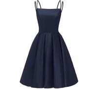 YIANN Navy Blue Satin Homecoming Dresses for Teens Spaghetti Strap A Line Ball Gown Knee Length Cocktail Prom Dress UK6