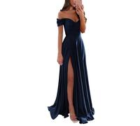 YIANN Navy Blue Satin Prom Dresses for Women with Slit Pleated A Line Off Shoulder Bridesmaid Dress Formal Party Gown UK6