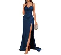 YIANN Navy Blue Satin Prom Dresses with Slit for Women Pleated Corset Long Cocktail Dress Formal Party Gown UK10