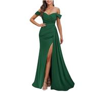 YIANN Off Shoulder Emerald Green Satin Bridesmaid Dresses for Women with Slit Pleated Mermaid Satin Prom Dress Formal Gown UK12