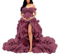 YIANN Off Shoulder Maternity Dresses Long Robe for Photoshoot Tulle Ruffles Pregnancy Gown for Baby Shower Desert Rose UK12