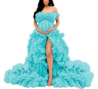 YIANN Off Shoulder Maternity Dresses Long Robe for Photoshoot Tulle Ruffles Pregnancy Gown for Baby Shower Turquoise UK12