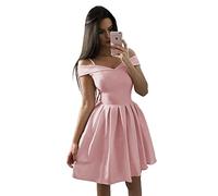 YIANN Off Shoulder Satin Homecoming Dresses with Pockets Short A Line Formal Prom Dresses Open Back Cocktail Dresses Dusty Rose UK6