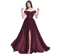 YIANN Off Shoulder Split Bridesmaid Dresses Long for Wedding A Line Pleated Chiffon Prom Party Gowns Burgundy UK16