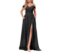 YIANN Off The Shoulder Bridesmaid Dresses Long with Pockets Wrap Slit Formal Wedding Guest Dress Black Prom Gown UK16