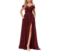 YIANN Off The Shoulder Bridesmaid Dresses Long with Pockets Wrap Slit Formal Wedding Guest Dress Burgundy Prom Gown UK16