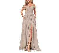 YIANN Off The Shoulder Bridesmaid Dresses Long with Pockets Wrap Slit Formal Wedding Guest Dress Taupe Prom Gown UK16